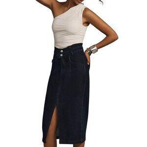 Anthropologie Pilcro Arden Doubled Waist Midi Skirt Dark Wash Denim Size XS/26